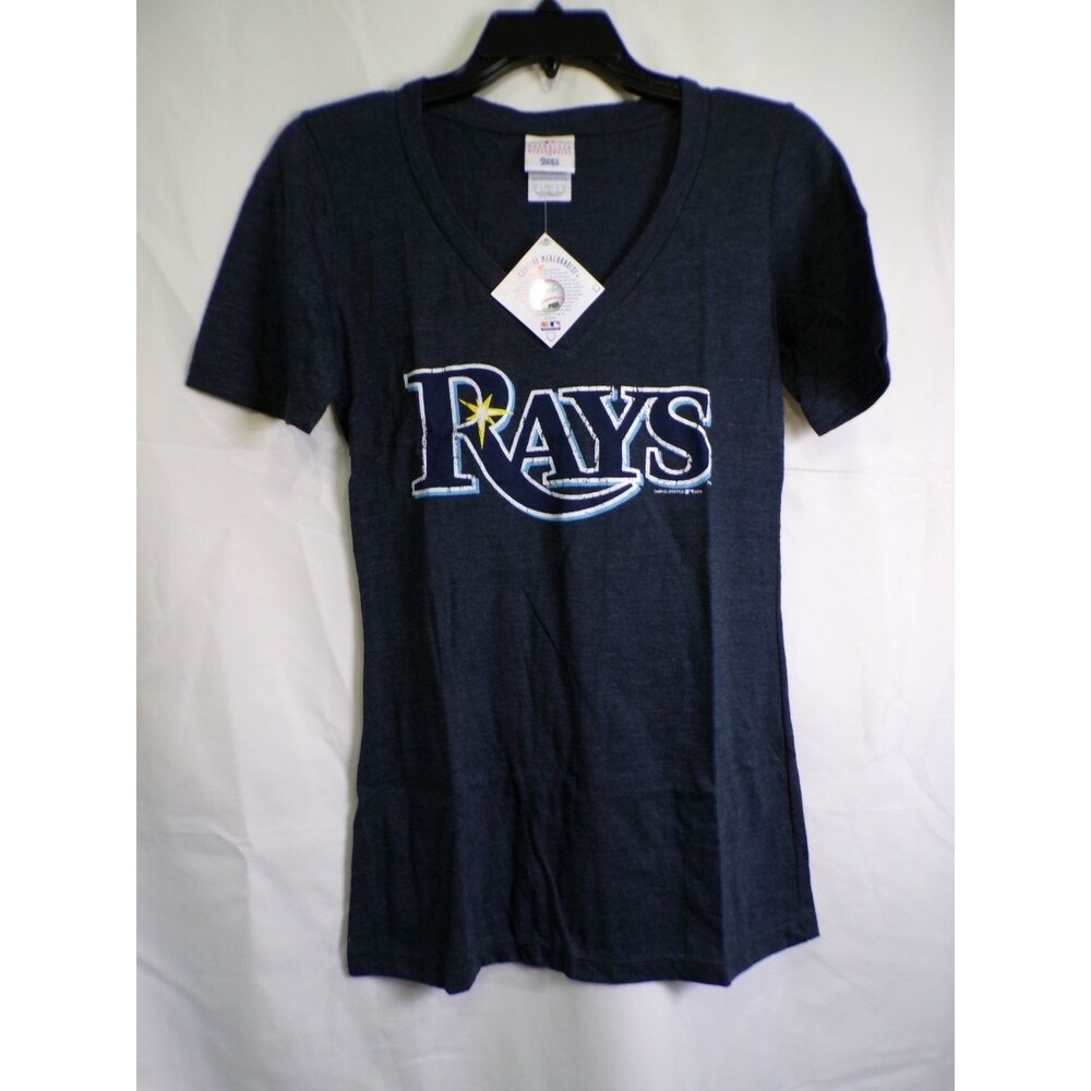 Majestic Women's Rays V Neck T-Shirt Size M Navy Team Wordmark